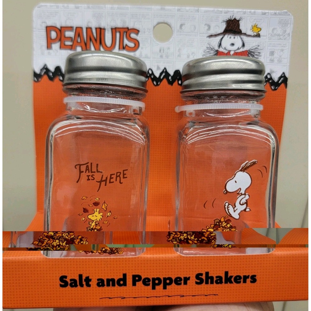 NEW Peanuts Salt & Pepper Shakers Snoopy & Woodstock "Fall is Here" Glass